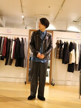 「Lui's（ルイス）のアイテム（ライダースジャケット）」を使った、Lui's 池袋 STAFF  芳村さん（メンズ・168cm）の冬コーディネート