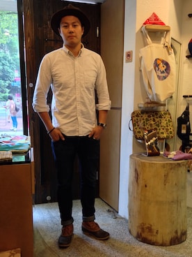 「BEAMS BOY（ビームスボーイ）のアイテム（レインシューズ）」を使った、Jimさん（メンズ・184cm）の秋コーディネート