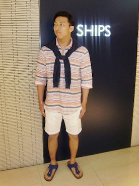 「アイテム（サンダル、ブルー系）」を使った、入江さん（メンズ・170cm）の春コーディネート