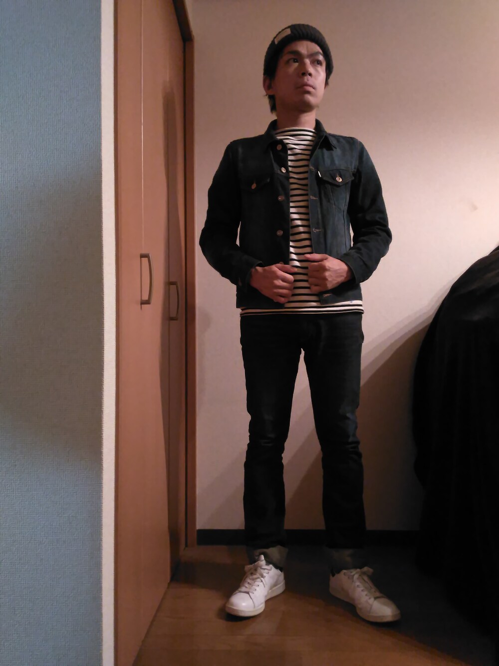 「デニムonデニム」｜「SHIPS JET BLUEのJB: ニットキャップ made in JAPAN 14AW●（ニットキャップ/ビーニー、グレー系）」を使った、はらぼーさん（メンズ・174cm）の秋コーディネートの1枚目の写真