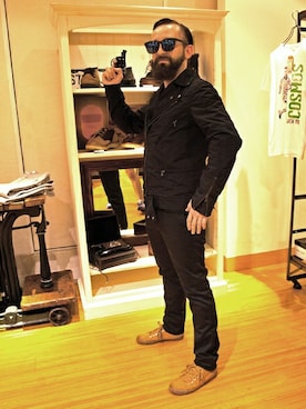 「アイテム（ライダースジャケット）」を使った、FREDY&GLOSTERさん（メンズ・169cm）の夏コーディネート
