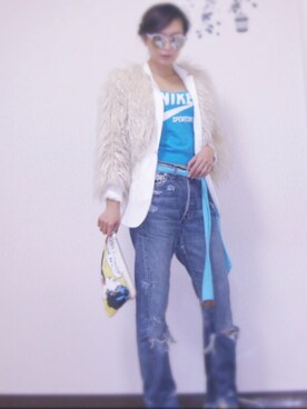 「アイテム（チューブトップ、ブルー系）」を使った、rebornさん（レディース・158cm）の冬コーディネート