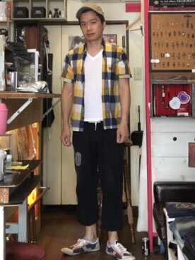 「NEVER TRUST（ネバートラスト）のアイテム（キャスケット）」を使った、Hiroha Kenichiさん（メンズ・174cm）の夏コーディネート