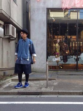 「COMME des GARCONS HOMME PLUS（コムデギャルソンオムプリュス）のアイテム（シャツ/ブラウス、ブルー系）」を使った、Alan Cさん（メンズ）の夏コーディネート