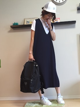 「白キャップ」｜「アイテム（ワンピース/ドレス）」を使った、TESCOさん（レディース・157cm）の春コーディネート