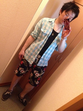 「柄×柄」｜「アイテム（モカシン/デッキシューズ）」を使った、ryotaさん（メンズ・161cm）の夏コーディネート