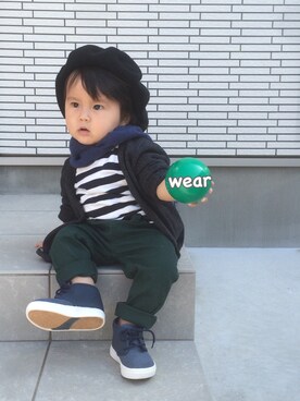 「3coins（3coins）のアイテム（ハンチング/ベレー帽、ブラック系）」を使った、HITSUさん（キッズ・100cm）の秋コーディネート