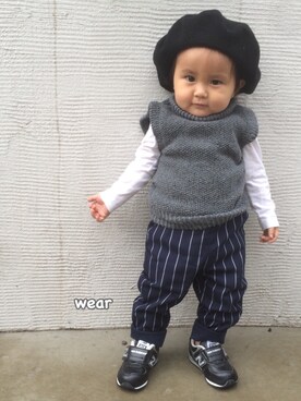 「petit main（プティマイン）の裾ゴムストライプパンツ（その他パンツ、ブルー系）」を使った、HITSUさん（キッズ・100cm）の秋コーディネート