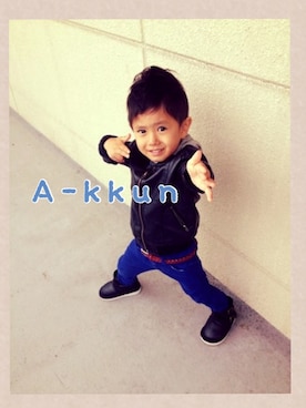 「アイテム（ライダースジャケット）」を使った、mi-akkunさん（キッズ・100cm）の秋コーディネート