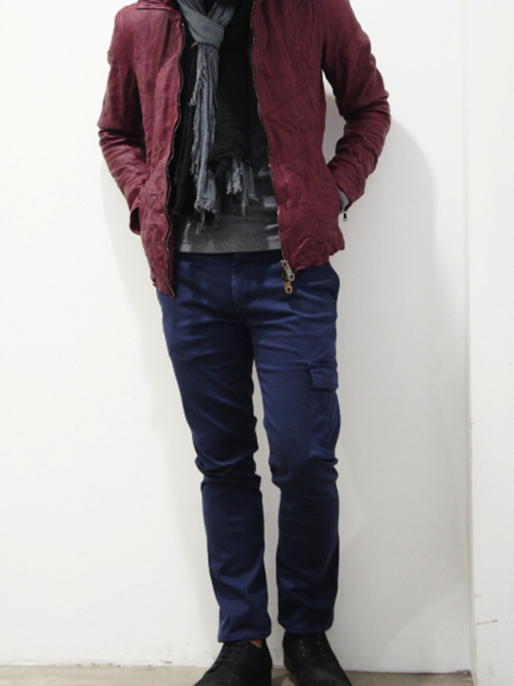 「junhashimoto 、 junhashimotoNAGOYA、 LEATHER」｜「junhashimotoのSLIM F- ARMY（その他パンツ、ブルー系）」を使った、bara_jhNAGOYAさん（メンズ・170cm）の秋コーディネートの1枚目の写真