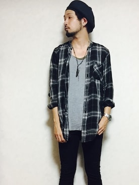 「ノーカラーシャツ」｜「アイテム（キャスケット）」を使った、Shinya Katsuki さん（メンズ・172cm）の夏コーディネート