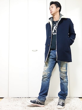 「HYSTERIC GLAMOUR（ヒステリックグラマー）のアイテム（ダッフルコート）」を使った、mitsuruさん（メンズ・177cm）の冬コーディネート