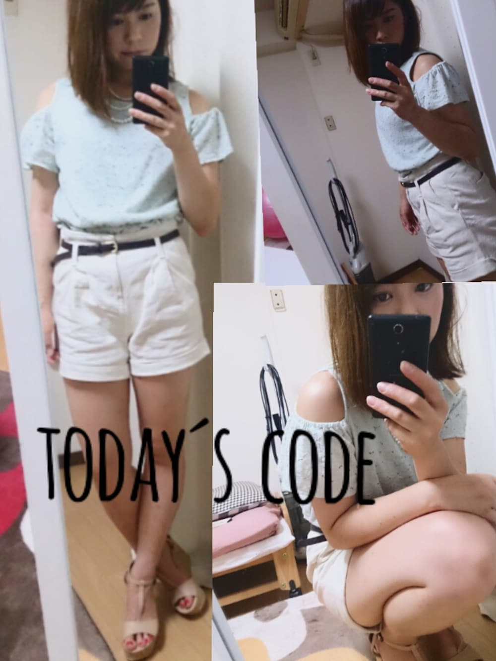 「きれいめコーディネート、白ショートパンツ、肩だし」｜「AZUL by moussyのTストラップコルクウェッジサンダル（サンダル、ベージュ系）」を使った、のんたんさん（レディース・157cm）の夏コーディネートの1枚目の写真