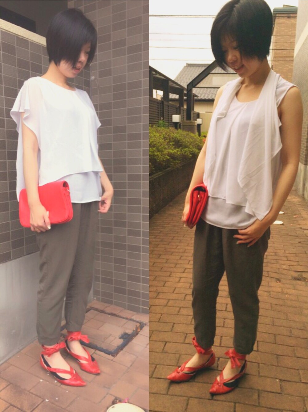 ホワイト系のシャツ/ブラウス、グリーン系のその他パンツ、レッド系のパンプスを着用したレディースの夏コーディネートの1枚目の写真