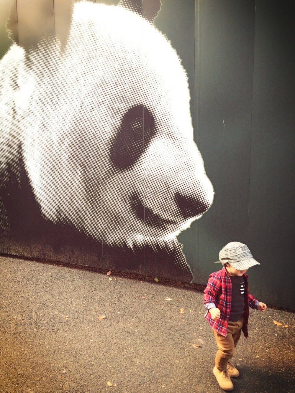 レッド系のシャツ/ブラウス、ブラウン系のトップス、ブラウン系のその他パンツを着用したキッズの秋コーディネートの1枚目の写真