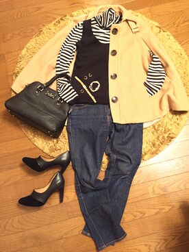 「ボーダーニット」｜「アイテム（ポンチョ）」を使った、kaorinさん（レディース・156cm）の冬コーディネート