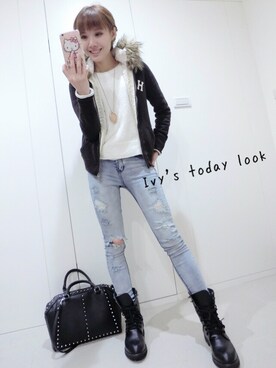 「Abercrombie&Fitch（アバークロンビーアンドフィッチ）のアイテム（スタジャン）」を使った、ivywengさん（レディース・160cm）の春コーディネート