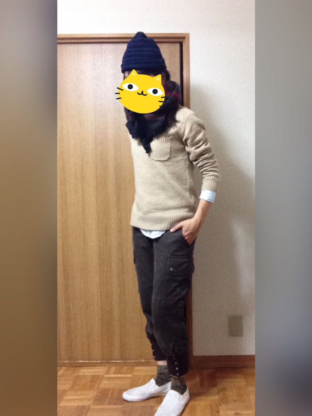 「GU、メンズサイズ、セントジェームス、くつした、マフラーぐるぐる」｜「GUのアイテム（ニット/セーター、ベージュ系）」を使った、くまこ…♋︎さん（レディース・166cm）の秋コーディネートの1枚目の写真