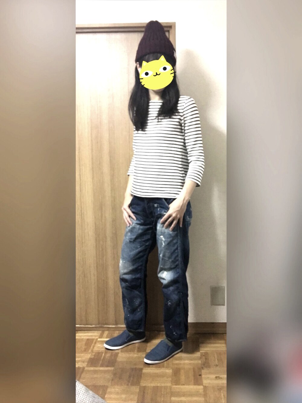 「ボーダー、デニム、ペイントデニム、ブルーデニム、春コーデ、スリッポン、ユニクロ、カジュアル、お散歩」｜「JOURNAL STANDARDのアイテム（デニムパンツ、ブルー系）」を使った、くまこ…♋︎さん（レディース・167cm）の春コーディネートの1枚目の写真