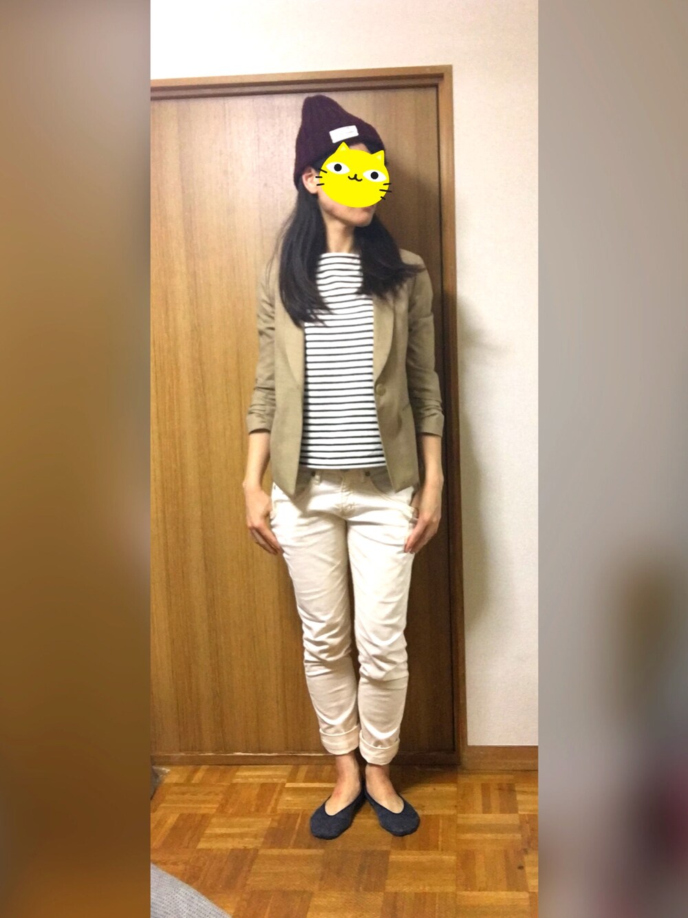 「大人カジュアル、淡色コーデ、スキニーパンツ、ジャケット、ピンクベージュ、ボーダー、ベージュ」｜「UNIQLOのアイテム（Tシャツ/カットソー、ホワイト系）」を使った、くまこ…♋︎さん（レディース・167cm）の春コーディネートの1枚目の写真