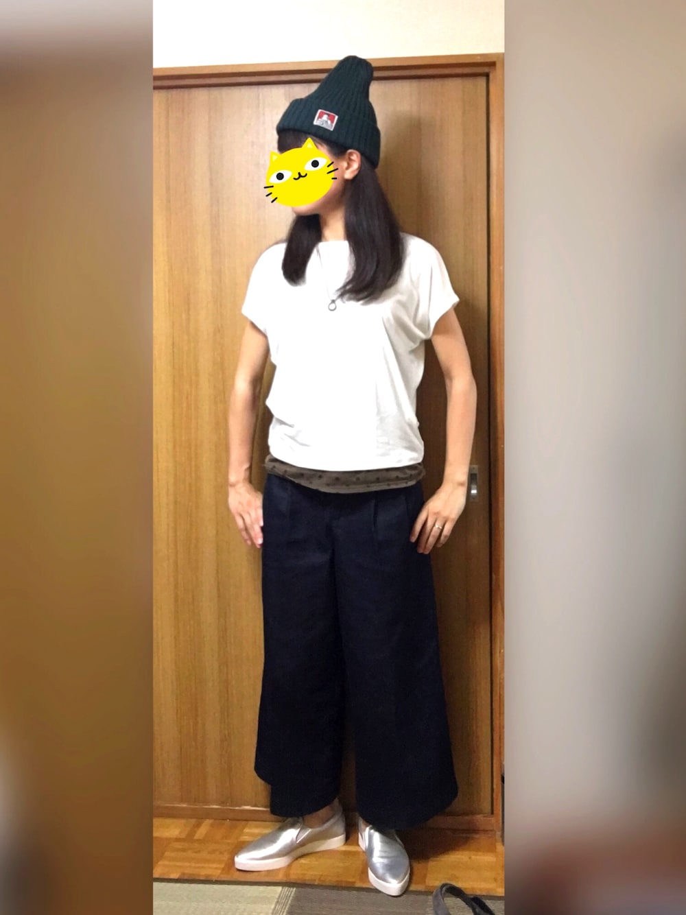 「薬膳カラーコーデ、モロヘイヤのスープ、シルバーシューズ、コットンニットキャップ、BEN DAVIS、UNIQLO×GU、プチプラ、ナチュラル、カジュアル、ダークグリーン」｜「BEN DAVISの【BEN DAVIS】ワンポイントロゴコットンワッチ（ニットキャップ/ビーニー、グリーン系）」を使った、くまこ…♋︎さん（レディース・167cm）の夏コーディネートの1枚目の写真