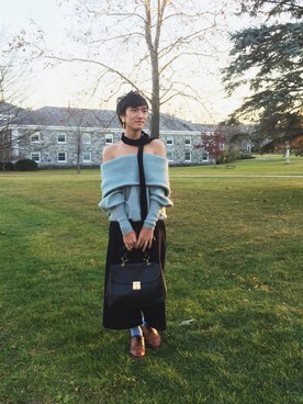 「MARC JACOBS（マークジェイコブス）のアイテム（ハンドバッグ）」を使った、Derek Dingさん（メンズ・173cm）の冬コーディネート