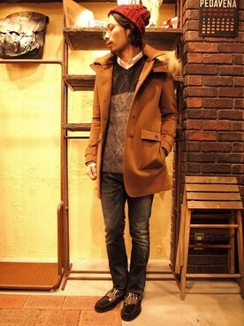 「LOUNGE LIZARD（ラウンジリザード）のアイテム（ステンカラーコート）」を使った、Thescrewさん（メンズ・170cm）の秋コーディネート
