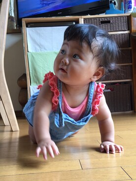 「西松屋（ニシマツヤ）のアイテム（タンクトップ、ピンク系）」を使った、Aaiaiさん（キッズ・70cm）の夏コーディネート