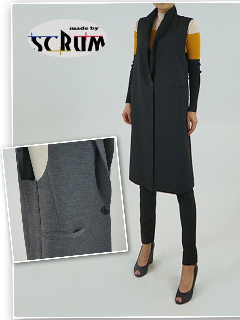 「セレクトショップSCRUM、オリジナル、ロングベスト、きれいめカジュアル、大人カジュアル、通勤コーデ、ootd」｜「SCRUMのアイテム（その他アウター、ブラック系）」を使った、SCRUMさん（レディース・160cm）の秋コーディネートの1枚目の写真