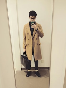 「Gジャン×タートルネック」｜「アイテム（チェスターコート）」を使った、シュワシュワさん（メンズ・173cm）の冬コーディネート