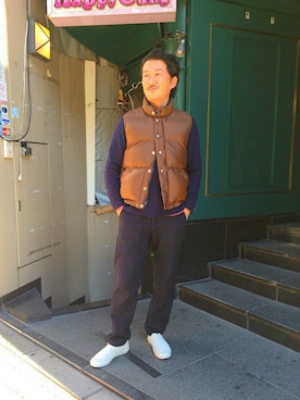 「アイテム（ダウンベスト、ブラウン系）」を使った、t頭さん（メンズ・171cm）の冬コーディネート