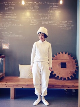 「アイテム（ニットキャップ/ビーニー）」を使った、masumiさん（レディース・158cm）の冬コーディネート