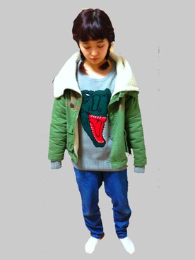 「チチカカのアイテム（ジャケット/アウター、グリーン系）」を使った、ゆかいさんさん（レディース・152cm）の冬コーディネート