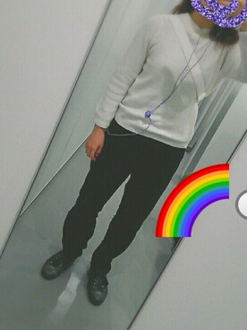 「GU（ジーユー）のアイテム（ニット/セーター、ホワイト系）」を使った、ゆかいさんさん（レディース・152cm）の冬コーディネート