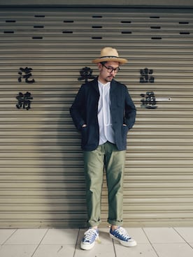 「DEMARCOLAB（デマルコラブ）のアイテム（帽子）」を使った、cinemataiwanさん（メンズ・173cm）の秋コーディネート
