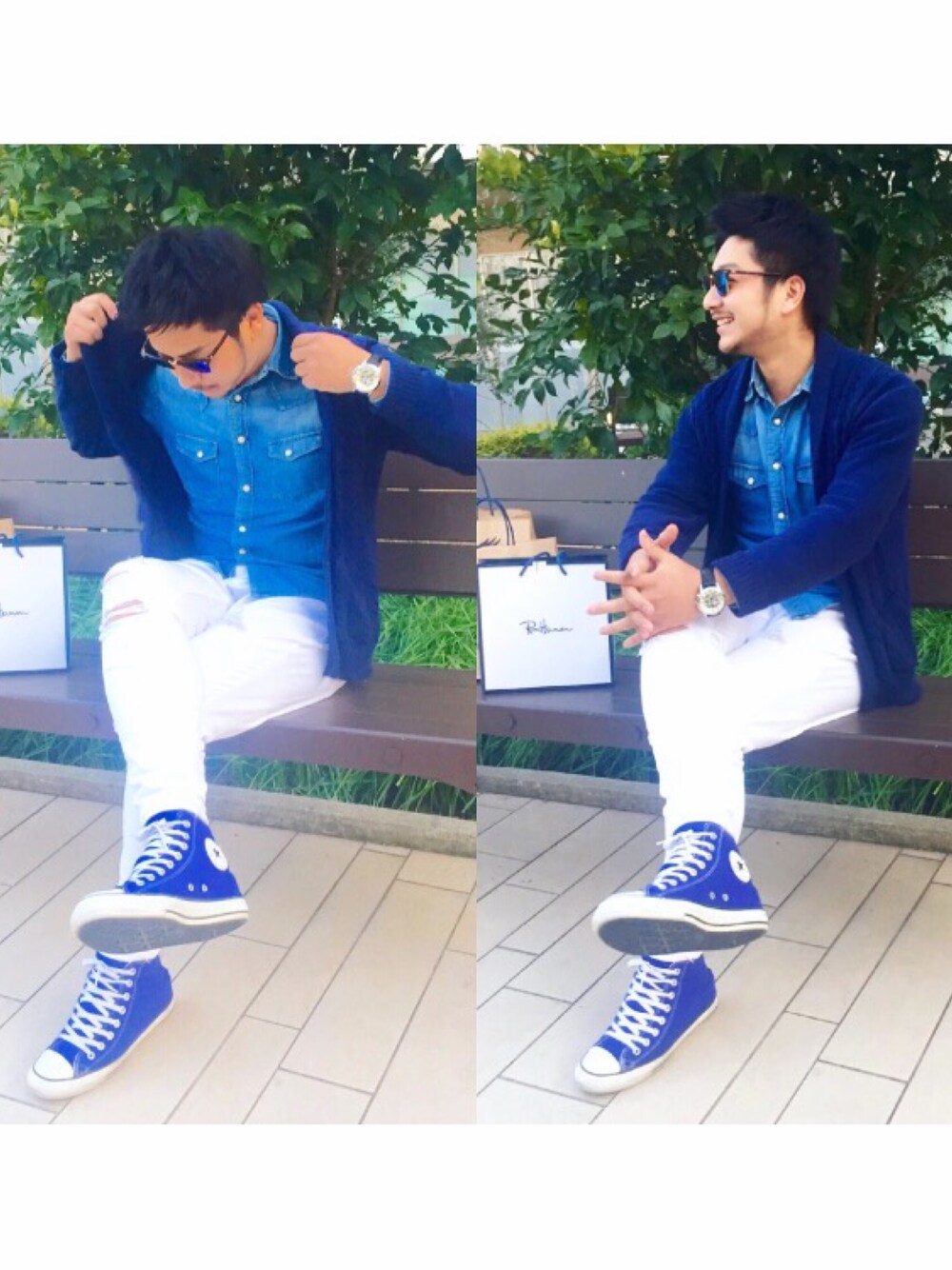「スニーカーコーデ、春、シンプル、白パンツ、ロンハーマン、GU、コンバース、converse、ラフ」｜「Ray-Banの【Ray-Ban】MENS CLUBMASTER RB3016 114519（サングラス、ブラウン系）」を使った、yusukeさん（メンズ・176cm）の春コーディネートの1枚目の写真