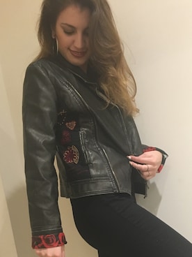 「Desigual（デシグアル）のアイテム（ライダースジャケット）」を使った、サハルさん（レディース・164cm）の冬コーディネート