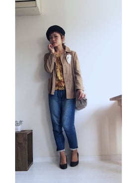 「花柄トップス」｜「アイテム（ピーコート）」を使った、saccoさん（レディース・163cm）の秋コーディネート