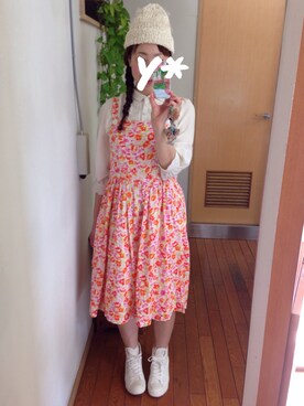 「ひざ丈スカート」｜「アイテム（ニットキャップ/ビーニー）」を使った、chibiusa◌⑅⃝さん（レディース・160cm）の春コーディネート