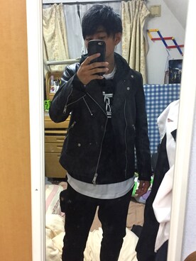 「P4U2 × LHP（ピーフォーユーツー エルエイチピー）のアイテム（ライダースジャケット、ブラック系）」を使った、kousukeさん（メンズ・174cm）の秋コーディネート