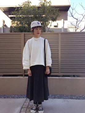 「白キャップ」｜「アイテム（スウェット）」を使った、syk***さん（レディース・158cm）の冬コーディネート