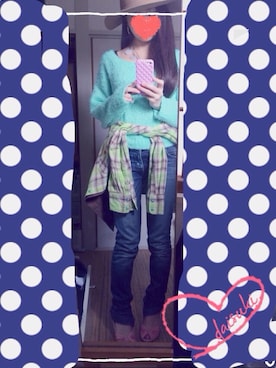 「アイテム（ニット/セーター、グリーン系）」を使った、ぽにょさん（レディース）の春コーディネート