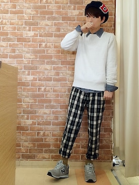 「シャツ×スウェット」｜「アイテム（ハンチング/ベレー帽）」を使った、chanさん（メンズ・162cm）の秋コーディネート