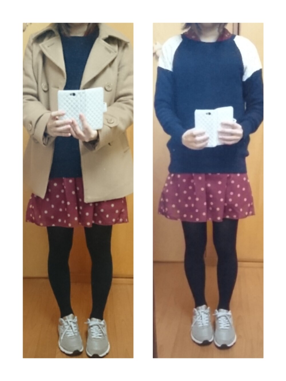 「ドット、ワンピース×ニット、紺、スニーカー」｜「ローリーズファームのアイテム（ニット/セーター、その他）」を使った、yukarin-no1さん（レディース・159cm）の冬コーディネートの1枚目の写真