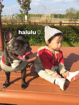 「ナイロンパーカー」｜「アイテム（ニットキャップ/ビーニー）」を使った、haluluさん（キッズ・80cm）の春コーディネート
