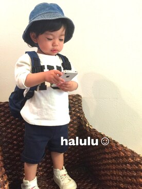 「アイテム（ハット、ブルー系）」を使った、haluluさん（キッズ・80cm）の春コーディネート
