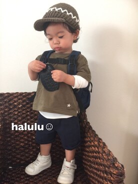 「アイテム（バックパック/リュック、ブルー系）」を使った、haluluさん（キッズ・80cm）の春コーディネート