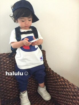 「アイテム（ニットキャップ/ビーニー、ブルー系）」を使った、haluluさん（キッズ・80cm）の春コーディネート