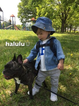 「アイテム（ハット、ブルー系）」を使った、haluluさん（キッズ・80cm）の春コーディネート