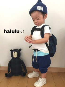 「アイテム（ニットキャップ/ビーニー、ブルー系）」を使った、haluluさん（キッズ・80cm）の夏コーディネート